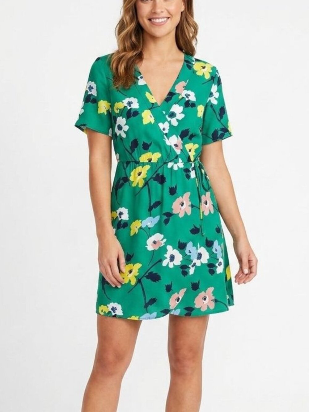 Adorable Basement Floral Faux Wrap Dress Green, Size Small